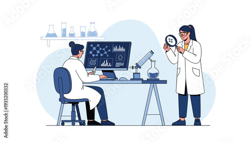 Two professional female scientists conduct research in a modern laboratory using high-tech equipment, a computer monitor, and a magnifying glass.