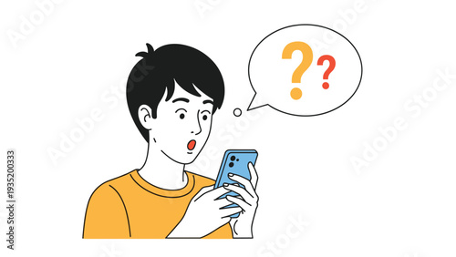 Expressive young man in an orange shirt looks at his smartphone with a surprised and confused expression while question marks float above him.