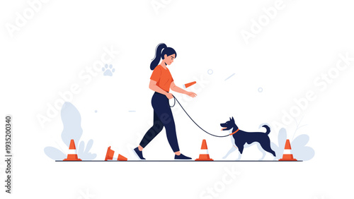 Dedicated woman in athletic wear practices agility training with her black dog using orange cones in an outdoor park setting, flat vector style.