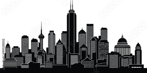 City skyline silhouette, modern skyscrapers, classical domes, urban architecture, tall tower with spire, diverse buildings, metropolitan landmark, cad drawing flat vector illustration