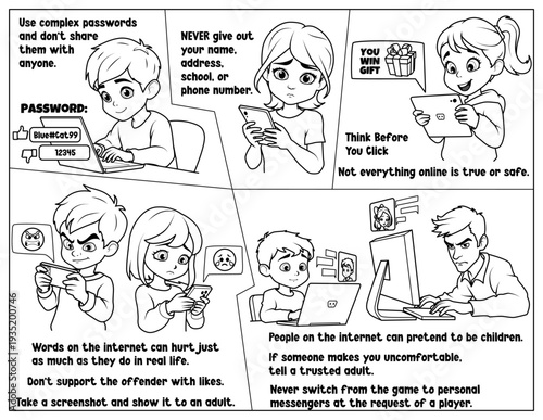 Cyber safety for kids activity sheet. Digital citizenship and internet security worksheet for elementary students, online privacy and password