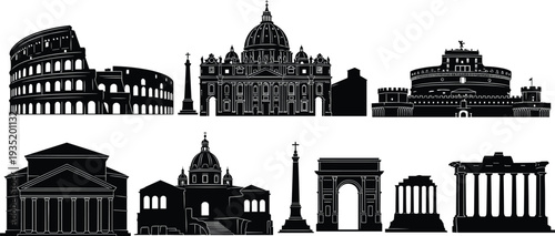 Rome architecture landmarks silhouettes, Colosseum, St Peter Basilica, Pantheon, Arch of Constantine, Castel Sant Angelo, Trajan Column, ancient ruins, cad drawing flat vector illustration