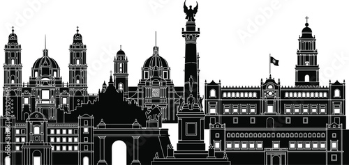Mexico City landmarks silhouettes, Metropolitan Cathedral, Angel of Independence, historic architecture skyline, cultural heritage illustration, iconic buildings, cad drawing flat vector illustration