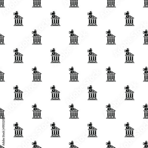 Bank building icon with a hand holding a money bag on white background