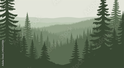 Green-toned illustration depicting a forest silhouette with evergreen trees layered in a mountainous landscape, creating a peaceful and serene atmosphere perfect for backgrounds.