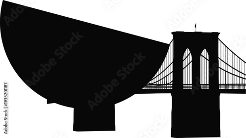 Suspension bridge silhouette, Brooklyn Bridge tower, modern satellite dish sculpture, architectural contrast illustration, technology and infrastructure design, cad drawing flat vector illustration