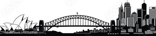 Sydney skyline silhouette, Harbour Bridge, Opera House, Australian landmark architecture, cultural heritage cityscape illustration, urban skyline design, cad drawing flat vector illustration