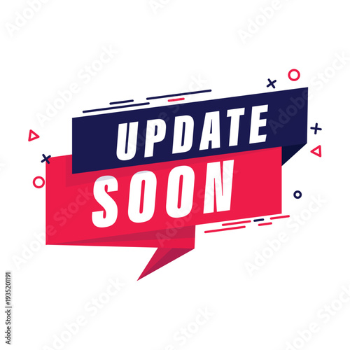 Update soon flat design label for upcoming software features, app maintenance, and minimalist roadmap stickers.
