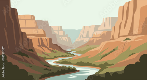 Illustration of the Grand Canyon with a river flowing through, showcasing layered rock formations, desert vegetation, and a stylized, modern graphic design.