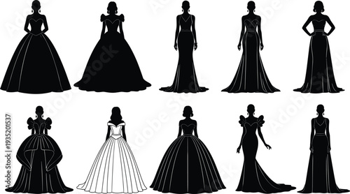 Elegant Women Evening Gown Silhouettes Collection, Luxury Formal Dresses in Classic and Modern Styles, Black Vector Fashion Illustration Isolated on White Background