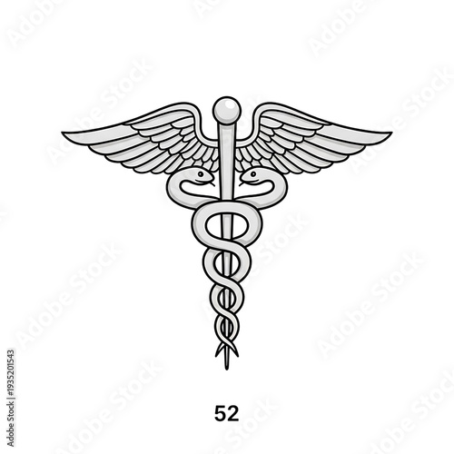 The caduceus symbol with the number 52 below it