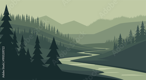 A flat, minimalist illustration of a forest landscape with a winding river, rendered in muted green tones creating a peaceful and calming scene, perfect for backgrounds or nature-themed designs.