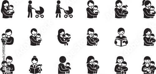 Black and white of parents and children in various poses family parenting