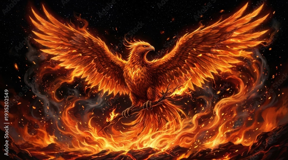 Fototapeta premium Fiery phoenix bird rising from flames, mythical creature rebirth, powerful orange glow, dark background