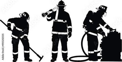Firefighter Silhouette Collection Featuring First Responders with Fire Hose and Rescue Equipment for Emergency Service Public Safety and Heroic Fire Department Concept Illustrations