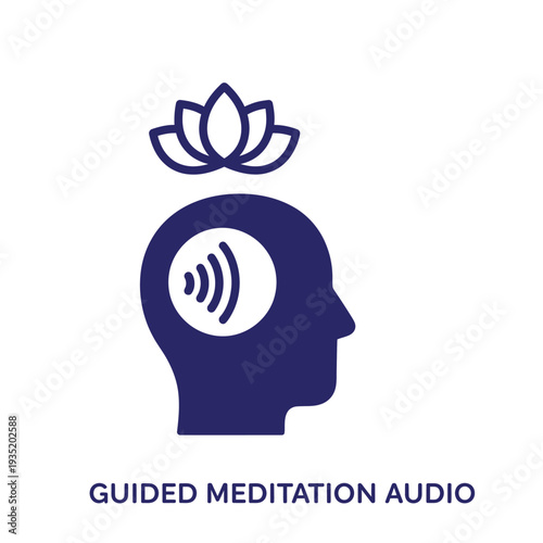 Vector icon for guided meditation audio, symbolizing mental well-being and mindful listening. Features a human head with sound waves and a lotus flower, representing peace and focus