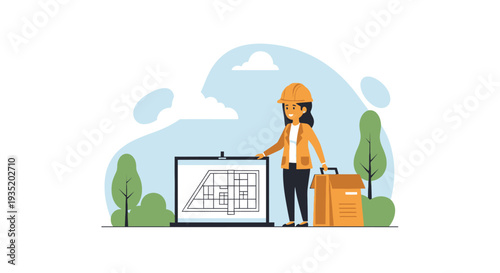 A professional young woman in business attire sits at a modern office desk while smiling warmly and working on her sleek laptop in a bright corporate environment