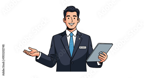 A professional young woman in business attire sits at a modern office desk while smiling warmly and working on her sleek laptop in a bright corporate environment