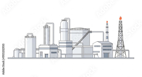 Modern industrial factory complex with tall structures and smokestacks.