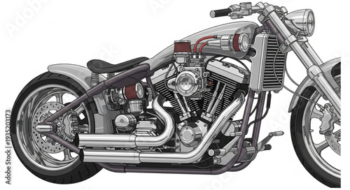 Chrome Motorcycle Engine Detail Close Up Side View.