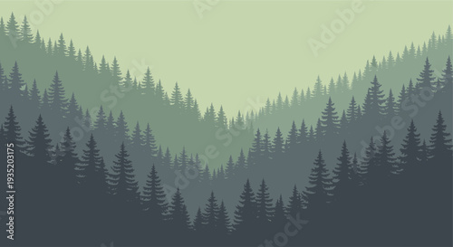 Vector illustration of a stylized evergreen forest receding into a misty valley, rendered in muted green and blue tones, creating a serene and atmospheric scene.