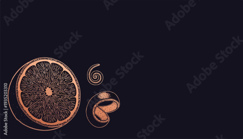 Vintage Etching Style Orange Citrus Fruit Slice with Zest Peel on Dark Backgroundrk
