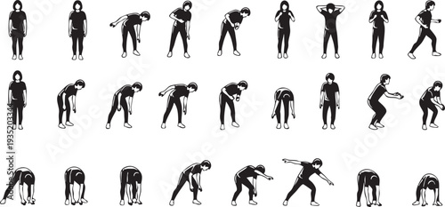 Black and white of people performing various stretching exercises fitness