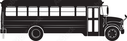 Black silhouette of a school bus in side view on a white background, minimal outline