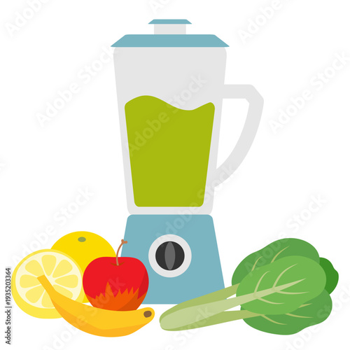 Vector illustration of a blender making fresh vegetable juice with apples, bananas, grapefruit and Komatsuna.