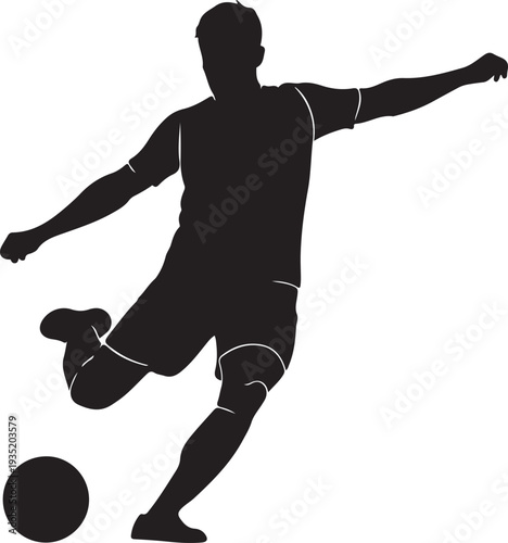 Black silhouette of a soccer player kicking a ball on a white background, minimal outline