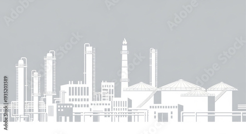 Industrial Factory Silhouette Against Gray Sky.