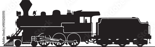 Black silhouette of a steam locomotive train on a white background, minimal outline