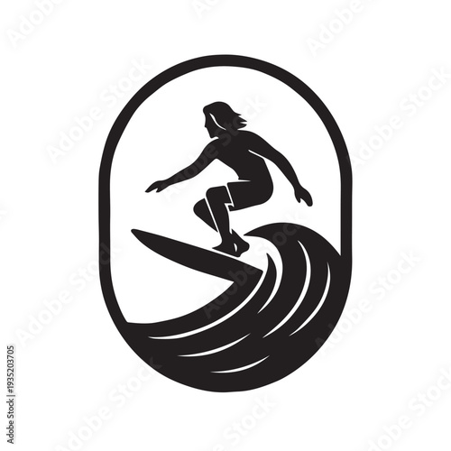 A simple vector icon of a man surfing on ocean waves, designed in a clean and dynamic style.