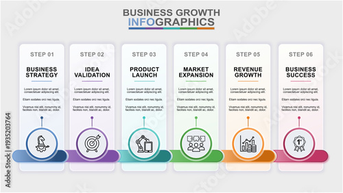Business Growth Timeline Infographic Template with 6 Steps, Editable Corporate Roadmap Process Diagram with Icons