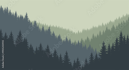 Vector illustration of a layered forest landscape featuring pine trees in silhouette fading into the misty distance. Calming nature background design for websites, graphics, and presentations.