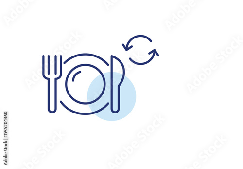Dish, fork and knife plus renew arrows. Fresh food, restaurant or delivery menu update. Pixel perfect, editable stroke vector icon