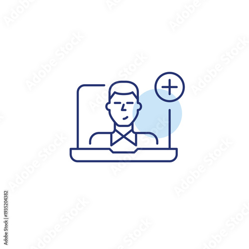 Man on laptop and plus. Remote access, user upgrade. Pixel perfect, editable stroke vector icon