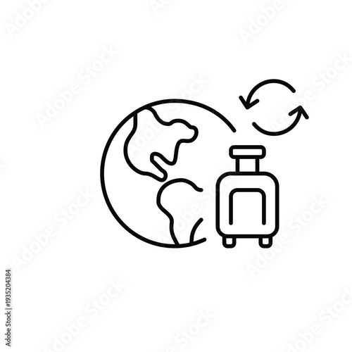 Earth, wheeler suitcase and renew arrows. Global travel update, eco journey refresh. Pixel perfect, editable stroke vector icon