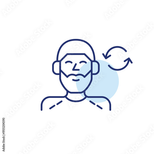 Man in headphones and renew arrows. Music subscription resumed, podcasts new season. Pixel perfect, editable stroke vector icon