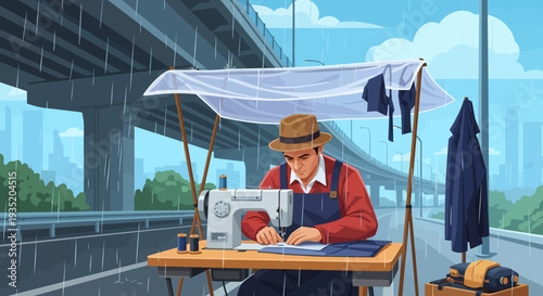 Man Sewing on Highway.