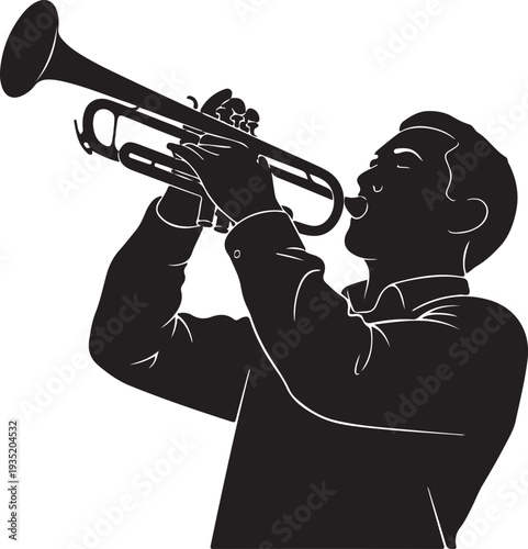 Black silhouette of a trumpet player performing on a white background, minimal outline