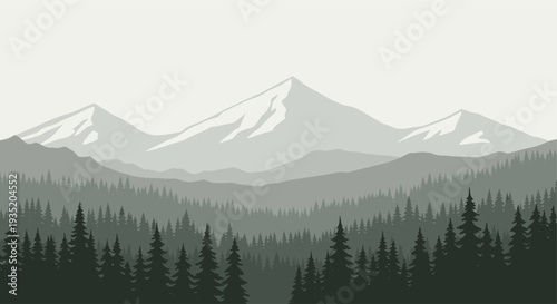 A serene minimalist landscape featuring snow-capped mountains and a dense pine forest with layered depth in grayscale tones for a peaceful and nature-inspired design.