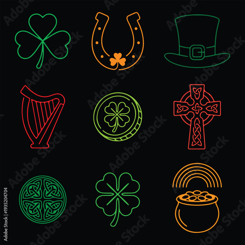 Neon outline St. Patrick's Day and Irish culture vector icon set on black background