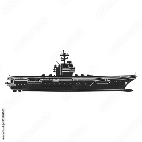 Detailed Side Profile Silhouette of a Massive Aircraft Carrier, Illustrating Its Imposing Structure and Naval Power