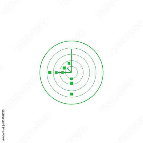 Radar screen with green square targets and concentric circles, representing tracking and detection systems