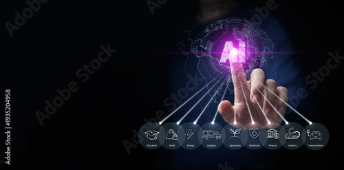 AI across all industries concept. Finger touches glowing artificial intelligence globe with icons of education, retail, energy, logistics, agriculture, healthcare, finance, industry, transportation.