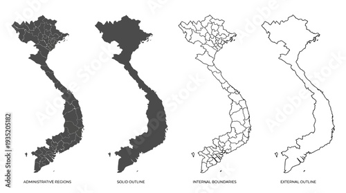 Vietnam Map Vector Set: Administrative Regions, Solid, Internal, and External Outlines