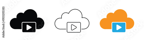 Cloud computing and streaming media services icon. Cloud icons with play button symbols in various styles. 