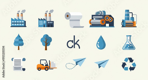 Industrial and manufacturing icons set with factories and machinery.