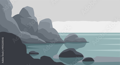 A minimalist illustration of a rocky shoreline meeting a calm sea, rendered in shades of gray, blue, and white, creating a serene and peaceful coastal mood.